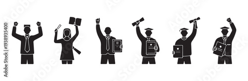 Graduation silhouettes showing students celebrating with diplomas and caps for success concept