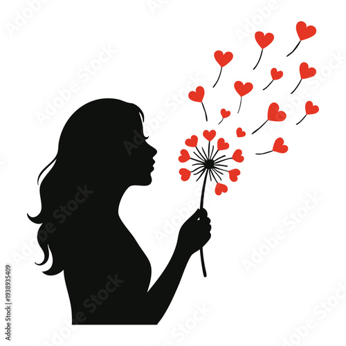 Woman blowing hearts on a whimsical dandelion