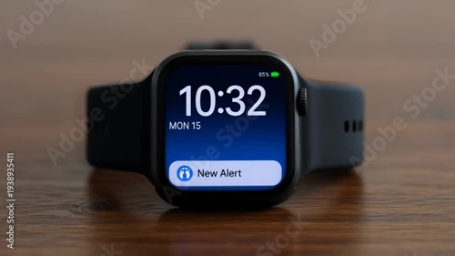 Closeup of a black Apple Watch displaying the time, date, and notification