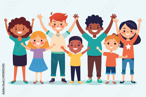Diverse group of happy children and adults with arms raised in unity