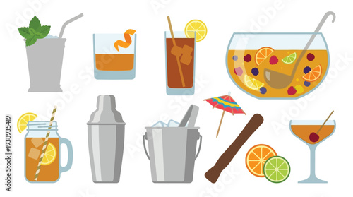 A vibrant collection of refreshing alcoholic and non-alcoholic beverages, cocktail garnishes, and bar tools, perfect for a party or celebration.