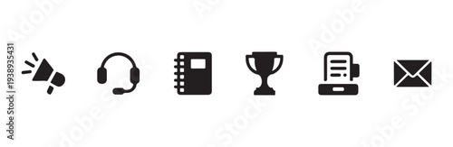 Collection of black filled icons representing communication service success planning and mail