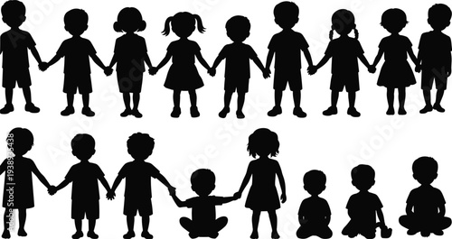Children holding hands silhouettes set, boys and girls kids standing and sitting group friendship unity childhood concept illustration