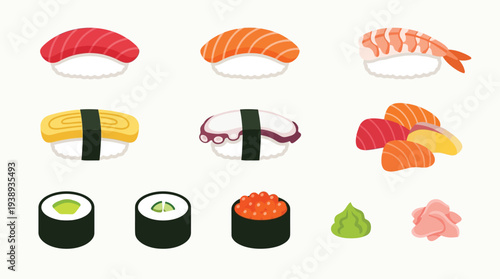 A vibrant collection of assorted sushi dishes, including nigiri, maki rolls, and sashimi, alongside traditional accompaniments like wasabi and pickled ginger.