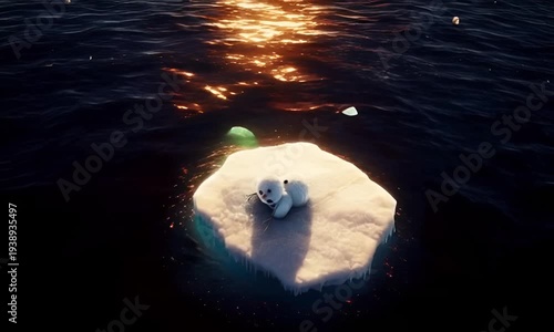 A snowman floats on an ice floe in the sea, under a sky bathed in the scorching sun.