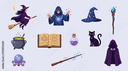 A collection of magical and mystical items including a witch on a broomstick, a cauldron, a crystal ball, a spellbook, potions, a black cat, a wizard, and various magical accessories.