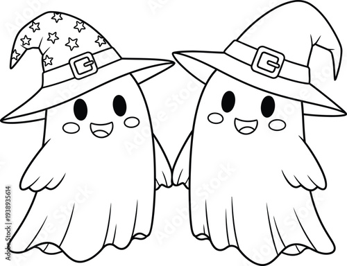 Cute ghosts wearing witch hats outline doodle cartoon illustration. Halloween coloring book page activity for kids and adults.