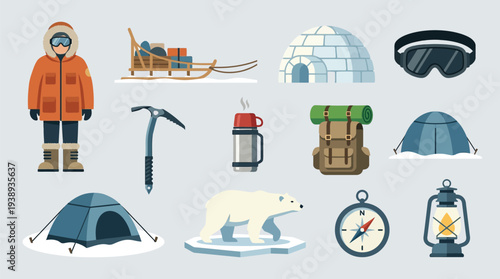 Collection of Arctic exploration and survival equipment, including a person in winter gear, a sled, an igloo, and various tools for cold weather adventures.