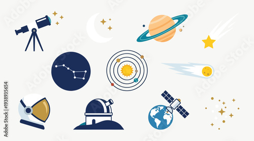 A collection of colorful flat icons representing various aspects of space exploration and astronomy, including telescopes, planets, and satellites.