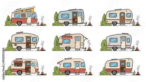 Comprehensive collection of various vintage and modern travel trailer designs for camping adventures and outdoor road trip illustrations.