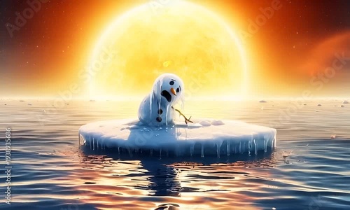 A snowman floats on an ice floe in the sea, under a sky bathed in the scorching sun.