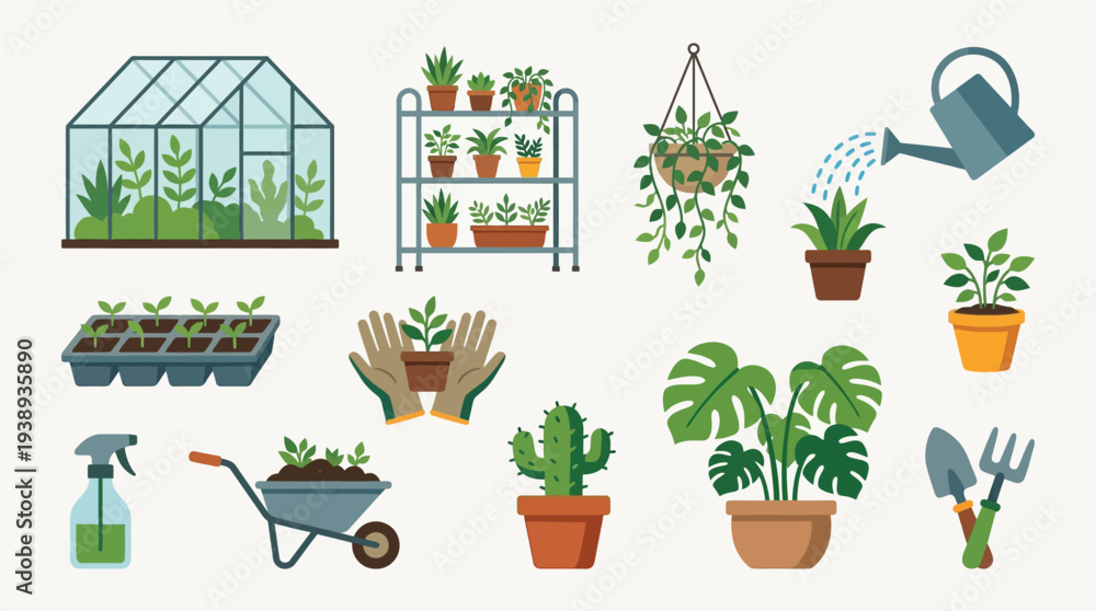 Fototapeta premium A vibrant collection of gardening illustrations, showcasing a greenhouse, plants, tools, and watering can, perfect for horticultural themes.