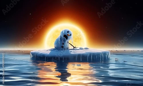 A snowman floats on an ice floe in the sea, under a sky bathed in the scorching sun.