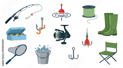 A collection of various fishing equipment and accessories, including a rod, reel, net, tackle box, bait, bobber, and boots, arranged on a white background.