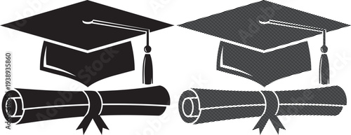 Graduation symbols featuring caps and rolled diplomas in black and white