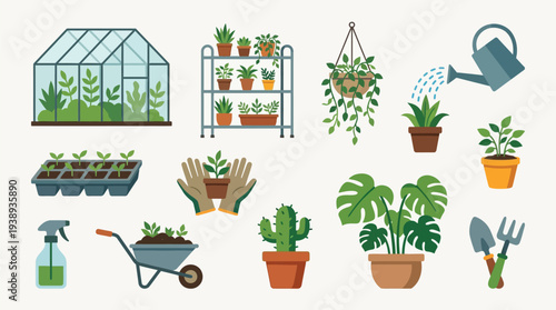 A vibrant collection of gardening illustrations, showcasing a greenhouse, plants, tools, and watering can, perfect for horticultural themes.