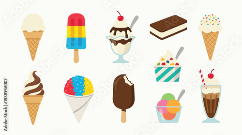 A vibrant collection of various frozen desserts, including ice cream cones, popsicles, sundaes, and ice cream sandwiches, presented on a clean white background.