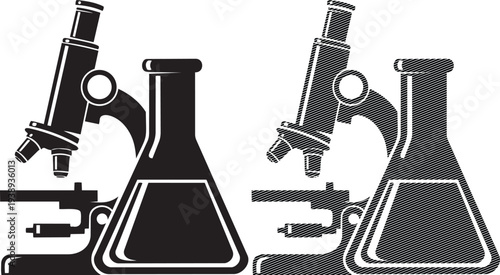 Vintage microscopes examining identical dark laboratory flasks
