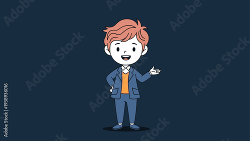 Friendly cartoon boy with reddish hair wearing a blue suit and orange sweater gesturing with his hand while standing on a dark background.