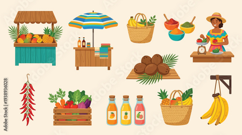 A vibrant collection of colorful illustrations depicting a tropical fruit and vegetable market scene with vendors, stalls, and fresh produce.