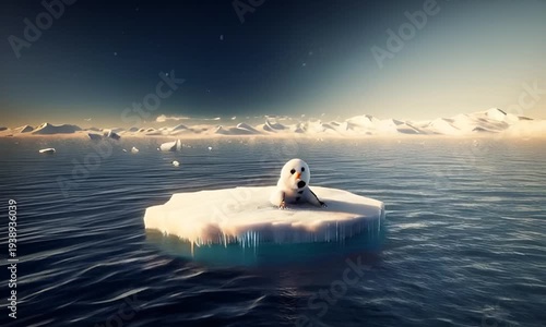 A snowman floats on an ice floe in the sea, under a sky bathed in the scorching sun.