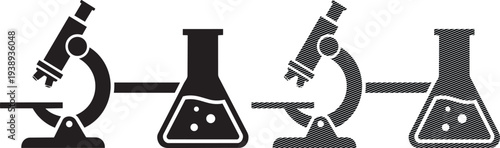 Microscopes and flasks illustration depicting scientific experimentation and analysis