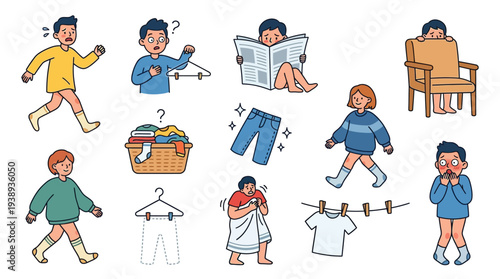 A humorous collection of illustrations depicting people in various states of undress, searching for clothes, or dealing with laundry mishaps.