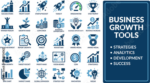 Business growth icons, strategy vector set, profit chart illustration, startup rocket clipart, success graphics, analytics artwork, development tools, flat vector illustration