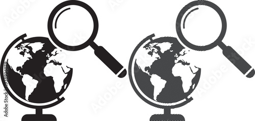 Two globes under magnifying glasses symbolizing global exploration or analysis