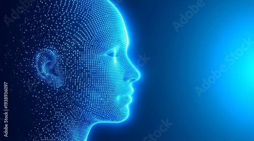 Digital human head profile view representing artificial intelligence and data technology.