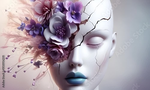 A face with a pristine white complexion, delicate blue lips, and cracked skin. Above the forehead, a floral bouquet of purple and pink flowers blooms, 