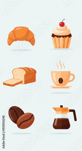 Delicious breakfast treats - croissant, cupcake, bread, coffee, and beans.