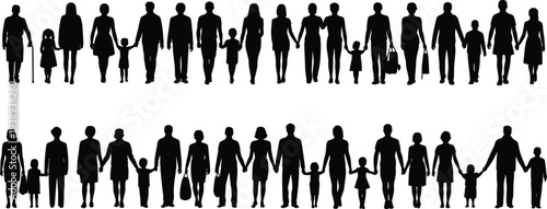 Family people silhouette set holding hands, parents and children walking together representing love, parenting, unity and family life concept