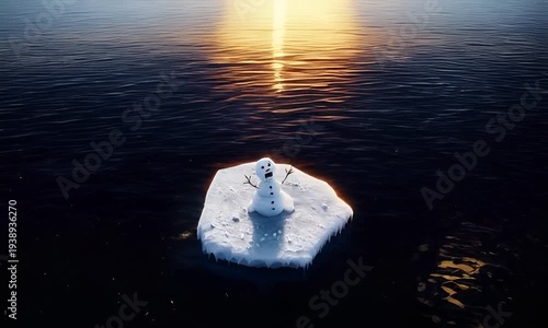 A snowman floats on an ice floe in the sea, under a sky bathed in the scorching sun.