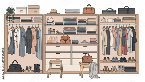 Spacious and perfectly organized walk-in closet featuring neatly arranged clothes on hangers, shoes on shelves, and various accessories.