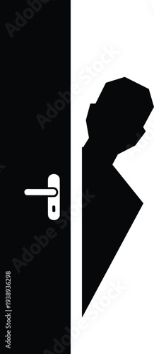 Man peeking behind door silhouette vector illustration, hidden person spying or sneaking concept, mystery privacy intrusion symbol isolated on white background