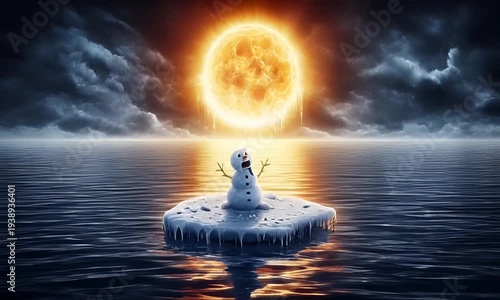 A snowman floats on an ice floe in the sea, under a sky bathed in the scorching sun.
