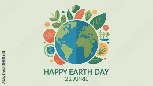 Earth day celebration with green globe surrounded by leaves and fruits on light green background