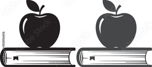 Two apples resting atop open books with a textured pattern on the covers.