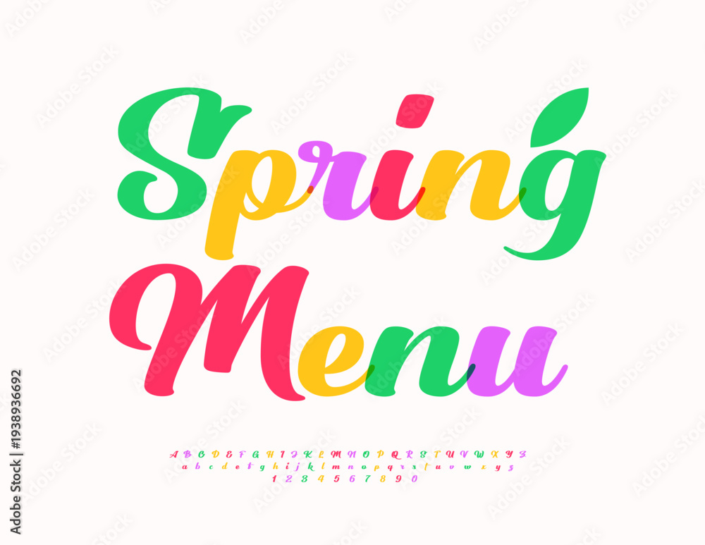 Obraz premium Vector Fresh template Spring Menu for Cafe and Restaurant. Stylish Calligraphic Font. Positive Colorful Alphabet Letters and Numbers.