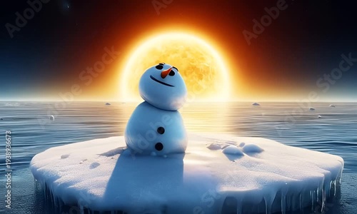A snowman floats on an ice floe in the sea, under a sky bathed in the scorching sun.