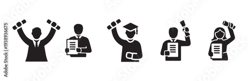Silhouette vector illustrations of graduates holding certificates and cheering for hard work