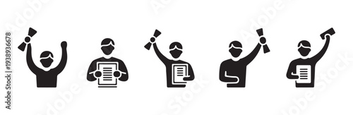 Minimalist black and white icons representing students celebrating academic degree completion