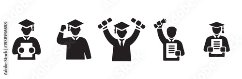 Black icons of students in graduation caps holding their degrees and celebrating achievement