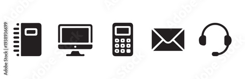 Office equipment and communication icons for business workspace and administrative tasks set