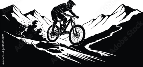 Mountain biking adventure, rugged trail, airborne cyclist, extreme sports, outdoor exploration, mountain peaks, speed motion, helmet safety, adrenaline rush, wilderness journey