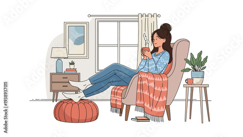 Relaxed young woman sitting in a comfortable armchair at home wrapped in a blanket and holding a warm drink on a chilly autumn day.