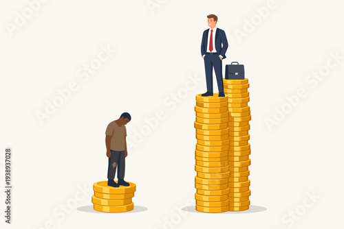 Economic Inequality Concept with Wealthy Businessman Standing on High Stack of Gold Coins and Poor Man on Low Stack. Social Gap, Financial Disparity, and Unfair Income Distribution Vector.