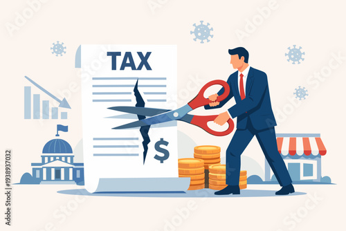 Businessman cutting tax document with large scissors during COVID-19 pandemic. Government stimulus package, economic relief for small business and people. Financial support and tax reduction concept.