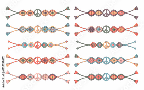 Colorful handmade beaded peace sign bracelets with tassels on white background bohemian fashion accessories
